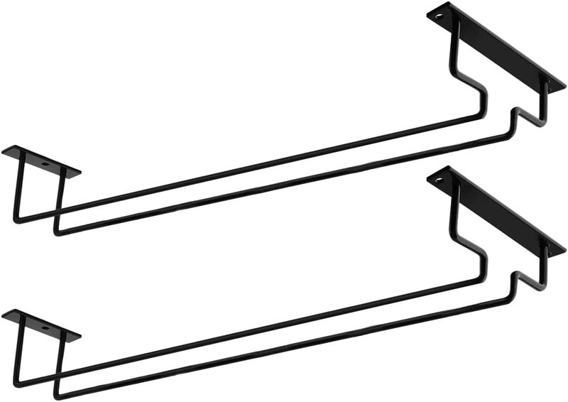 MATILODI 2 Pack 15.9-Inch Long Single Rail Metal Wine Glass Rack - Under Cabinet Stemware Storage Holder With Screws - Wire Hanger for RV Cabinet Kitchen Bar (Gold, 2) (Black) - Image 1